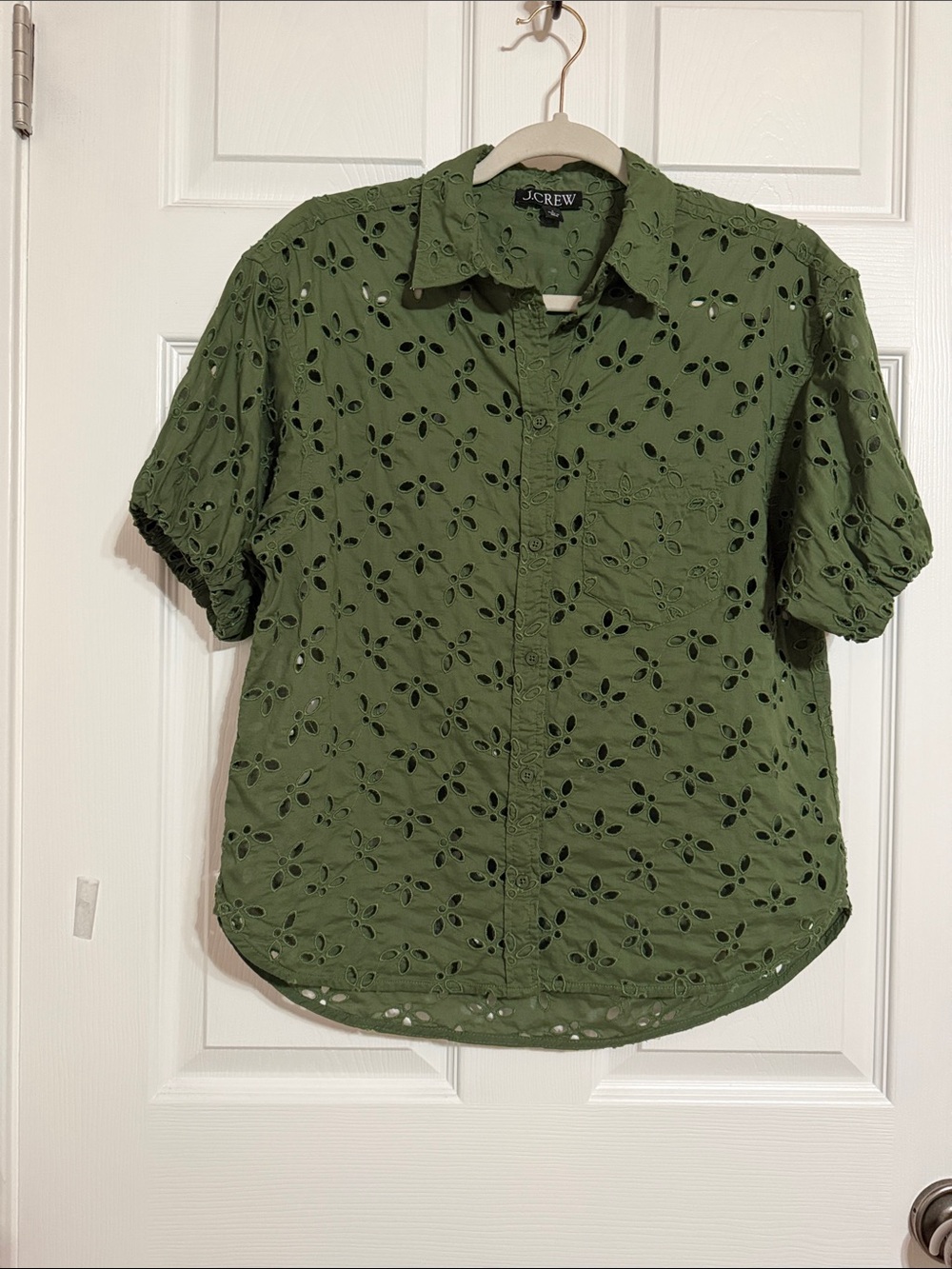 J. Crew Olive Green Eyelet Short-Sleeve Button-Down Shirt